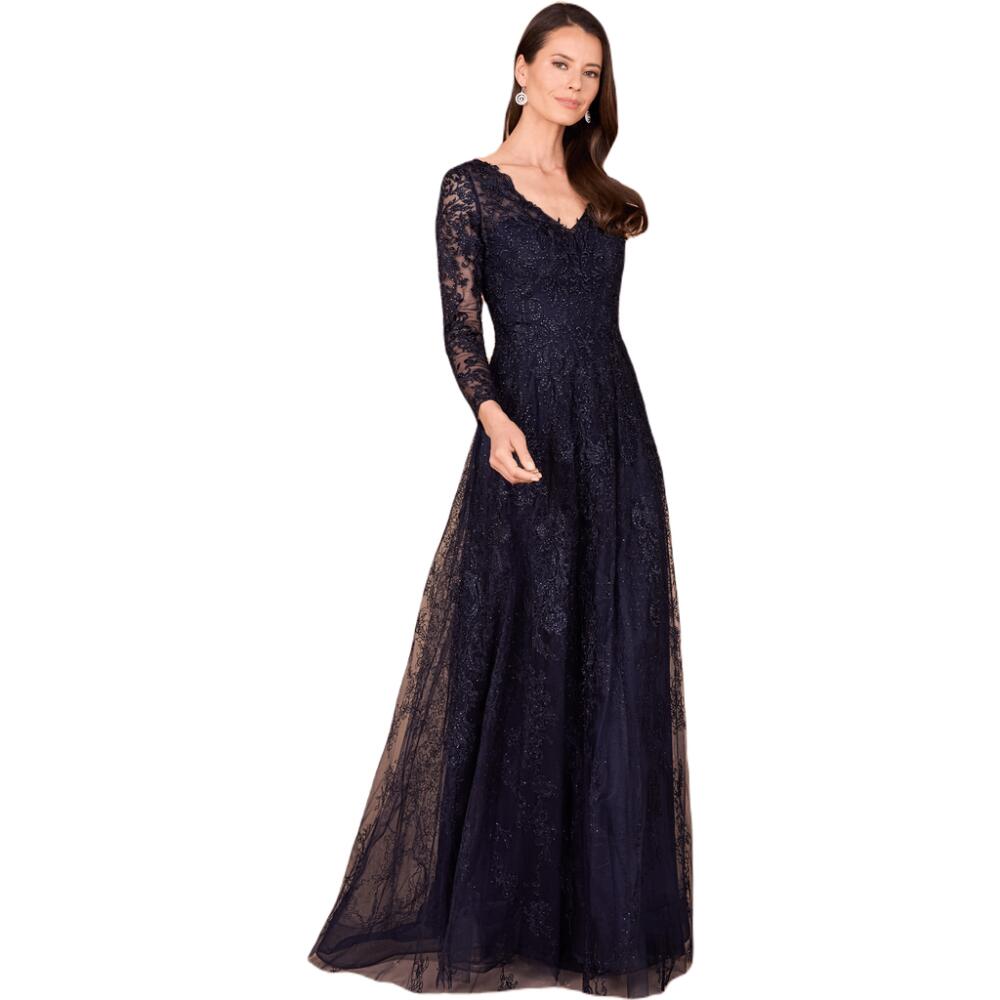 LARA New York Long Bell Sleeve V-Neck Beaded Gown in Navy Cover