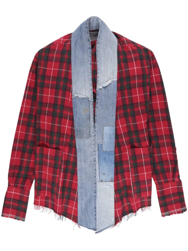 Greg Lauren check-print denim-detail open shirt - Red Cover