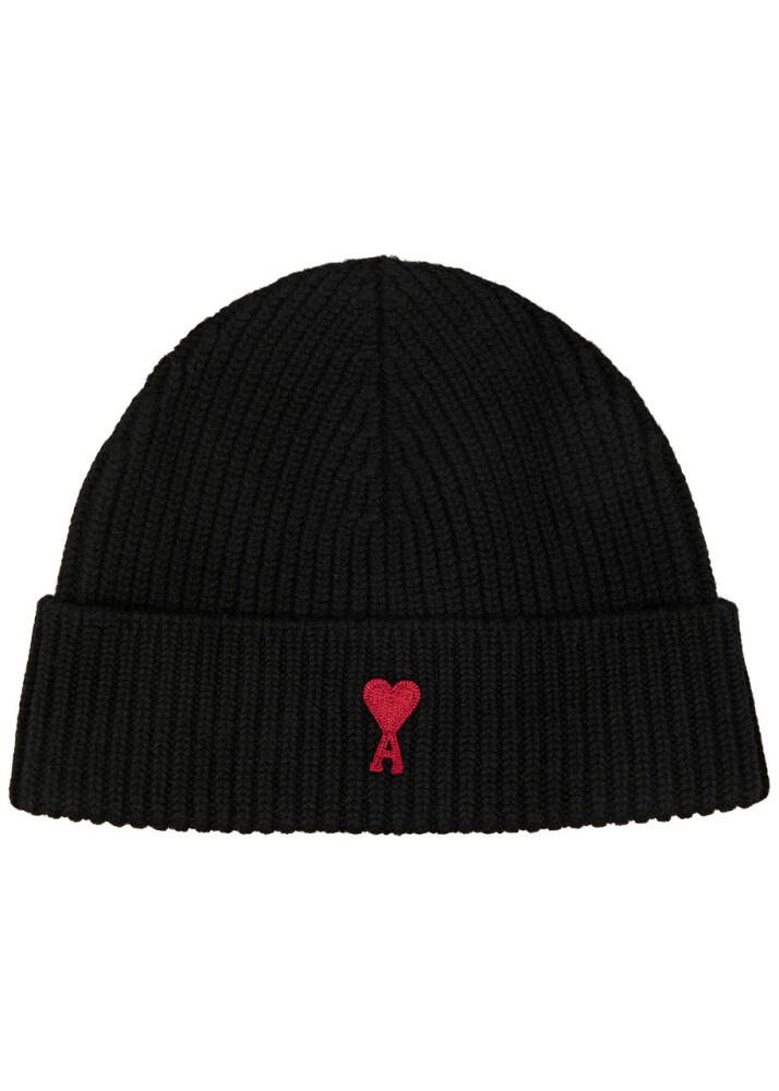 Ami Paris Logo-embroidered Ribbed Wool Beanie - Black Cover