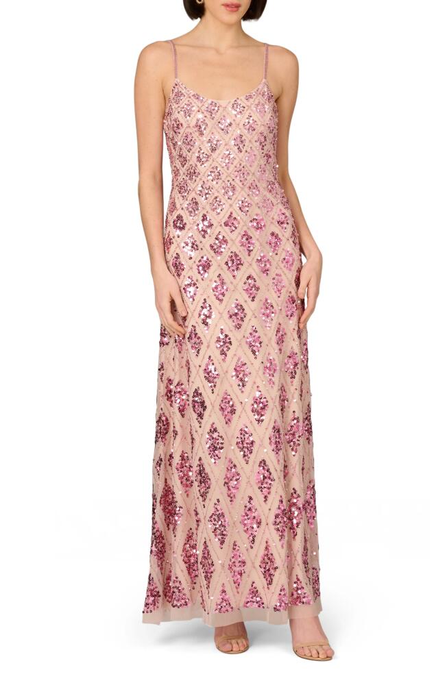 Aidan Mattox by Adrianna Papell Embellished Mesh Column Gown in Pink Multi Cover