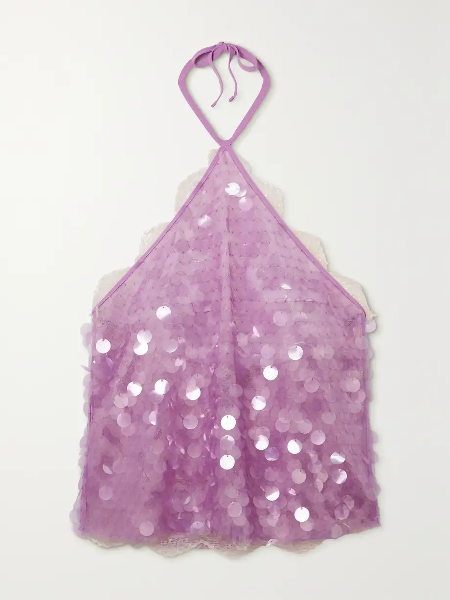 SIEDRÉS - Negy Cropped Lace-trimmed Sequined Stretch-tulle Halterneck Top - Purple Cover