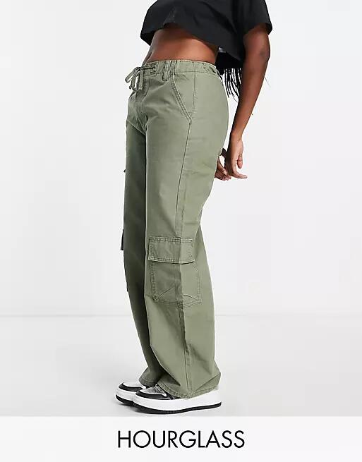 ASOS DESIGN Hourglass oversized cargo pants with multi pocket and tie waist in khaki-Green Cover