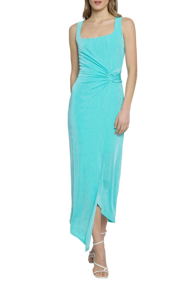 DONNA MORGAN FOR MAGGY Asymmetric O-Ring Sleeveless Maxi Dress in Turquoise Cover