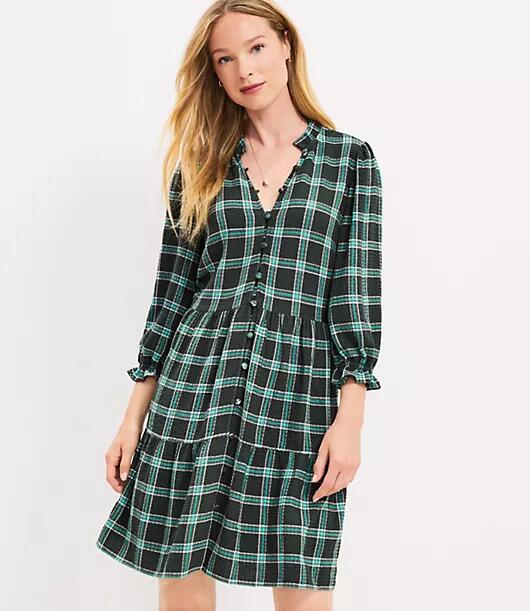 Loft Petite Plaid Ruffle Button Swing Dress Cover