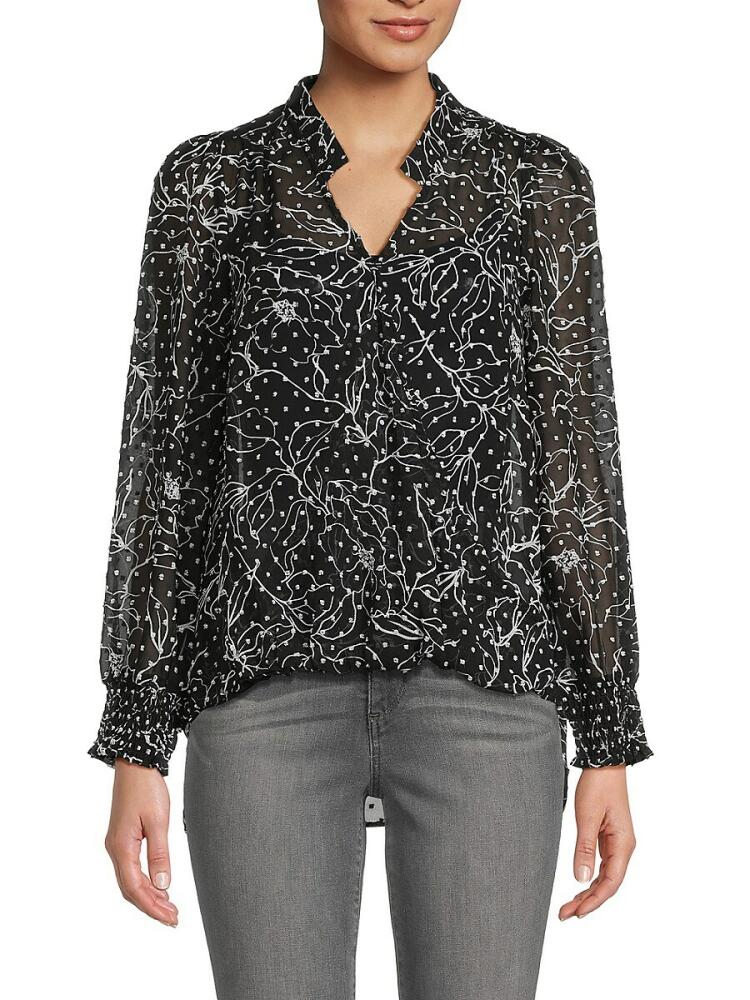 Bobeau Women's High Low Floral Swiss Dot Top - Black Cover