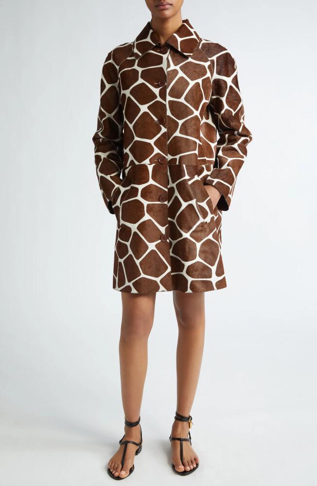 Michael Kors Collection Giraffe Print Genuine Calf Hair Balmacaan Coat in White/Nutmeg Cover