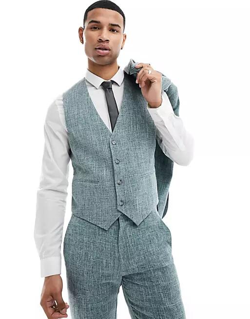 ASOS DESIGN wedding slim suit vest in green crosshatch Cover