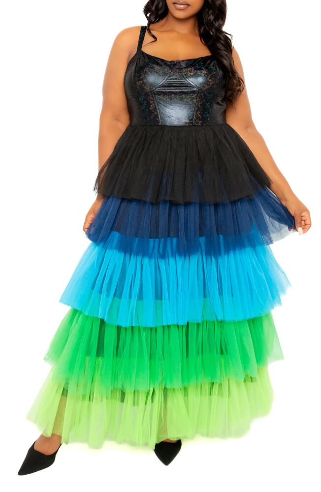 BUXOM COUTURE Colorful Tiered Faux Leather & Tulle Maxi Dress in Blue Multi Cover