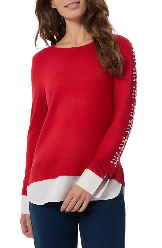 Jones New York Rhinestone Sleeve Detail Layered Sweater in Deep Rouge Combo Cover