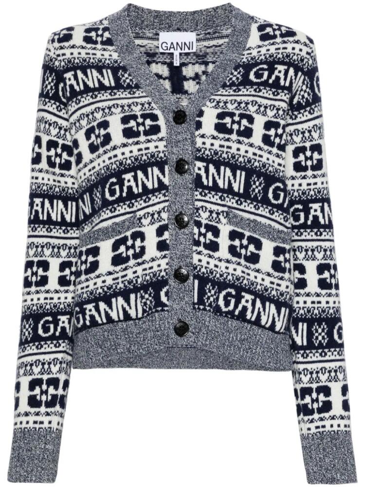 GANNI logo-intarsia buttoned cardigan - Blue Cover