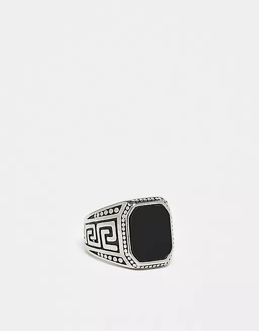 ASOS DESIGN waterproof stainless steel signet ring with black acrylic stone-Silver Cover