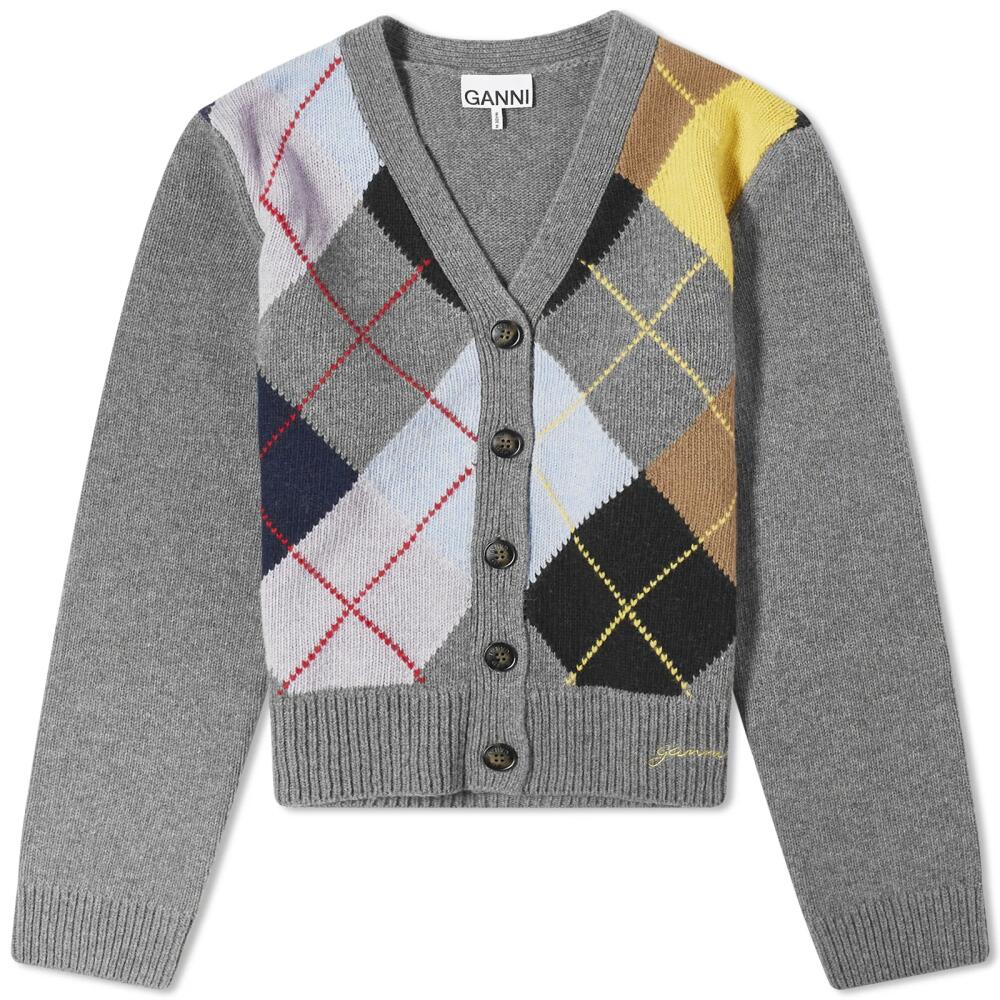 GANNI Women's Harlequin Wool Mix Knit Cardigan in Frost Gray Cover