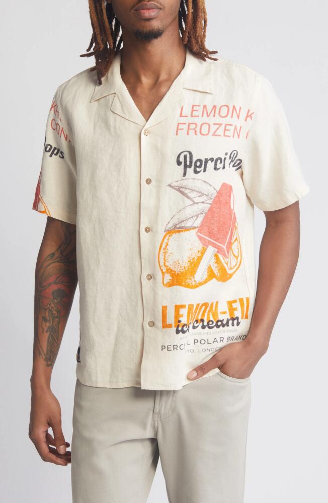 Percival Lemon Kreme Short Sleeve Linen Graphic Button-Up Shirt in Natural Cover