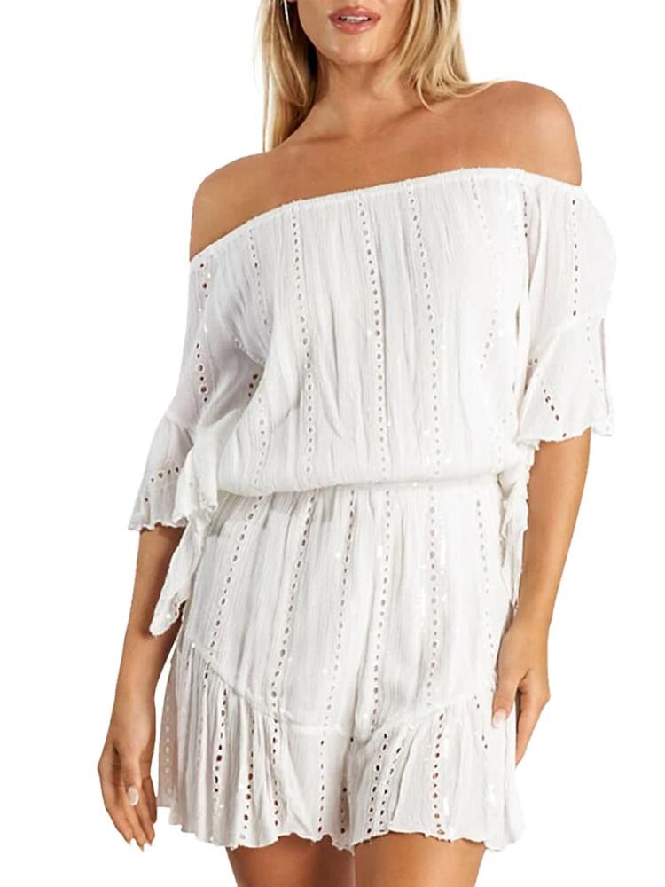 La Moda Clothing Women's Eyelet Off Shoulder Cover Up Romper - White Cover