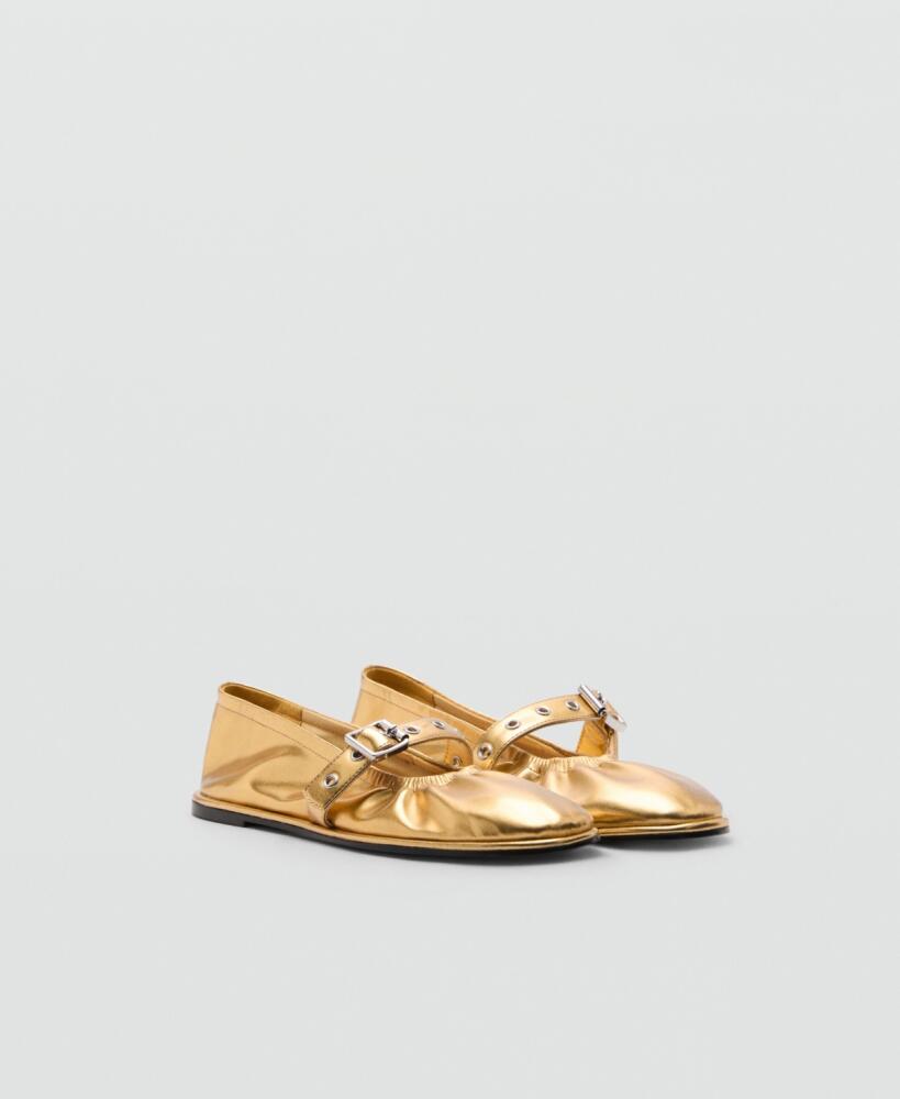 Mango Women's Round Toe Buckle Ballerinas - Gold Cover