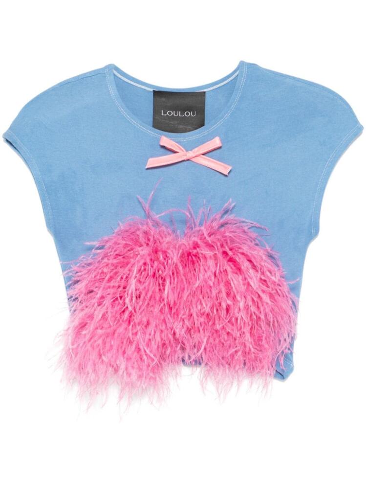 Loulou feather-detail T-shirt - Blue Cover