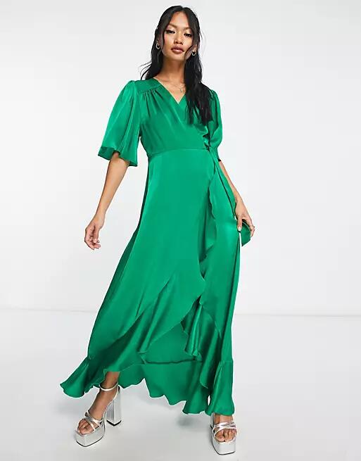 Flounce London satin flutter sleeve wrap front maxi dress in bold green Cover