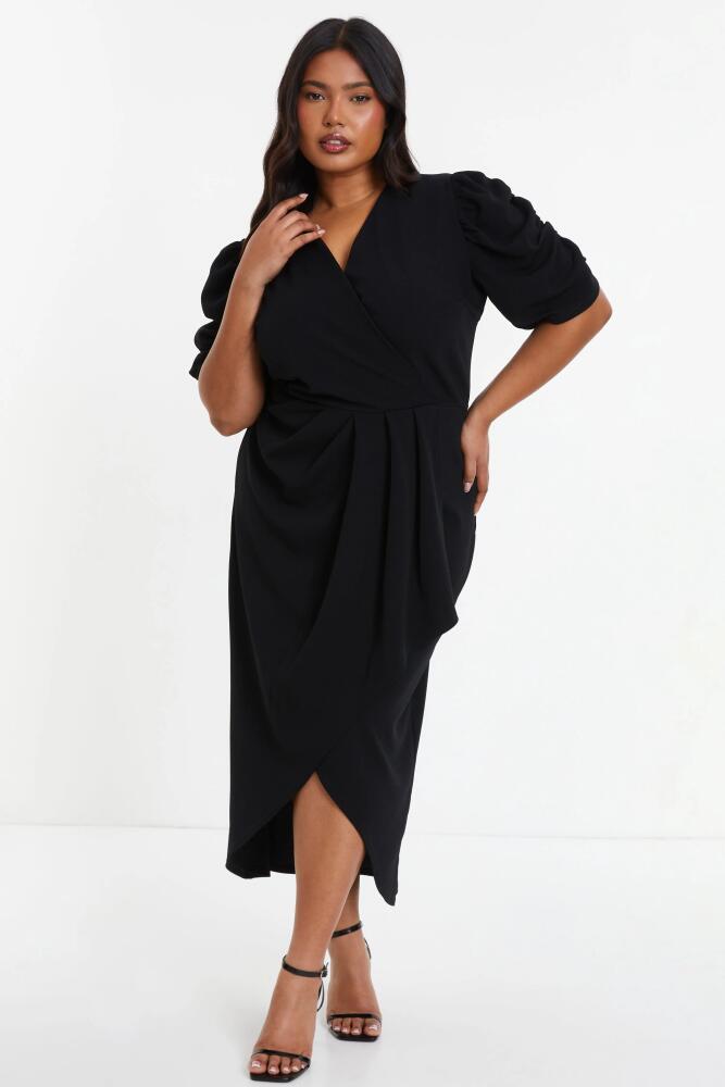 QUIZ Wrap Pleated Ruched Sleeve Midi Dress in Black Cover