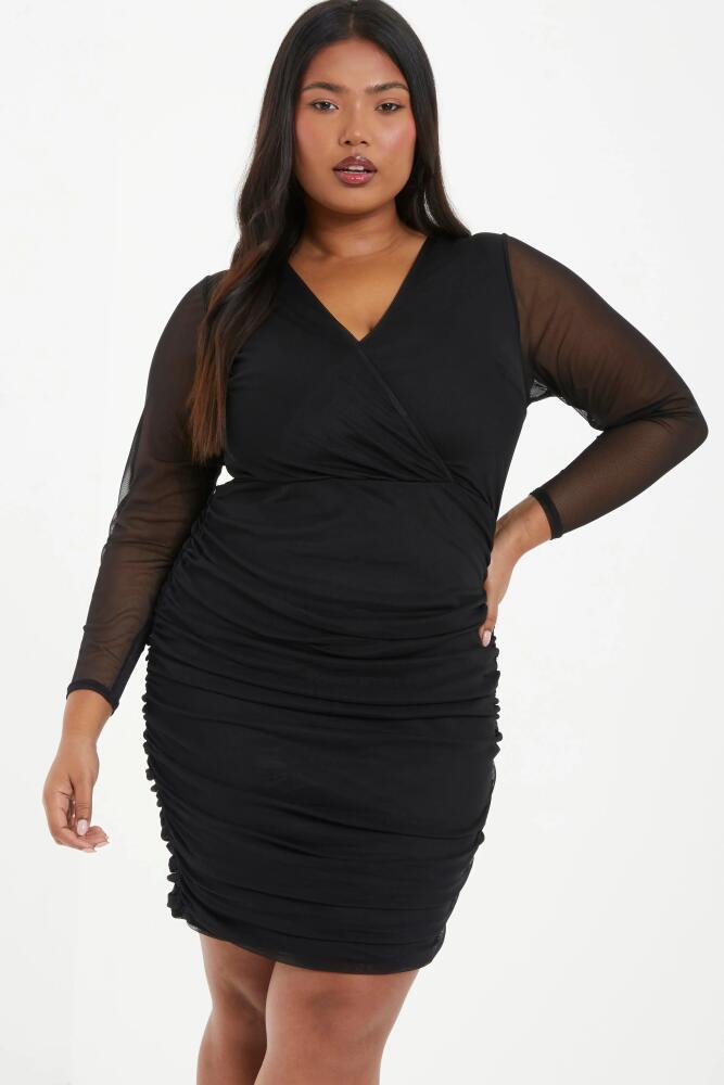 QUIZ Mesh Wrap Ruched Midi Dress in Black Cover