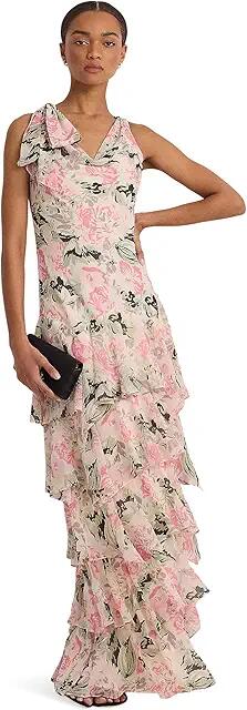 Lauren Ralph Lauren Floral Crinkle Georgette Tiered Gown (Cream/Pink/Multi) Women's Dress Cover