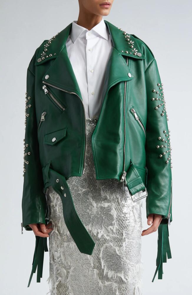 Erdem Studded Oversize Leather Biker Jacket in Green Cover