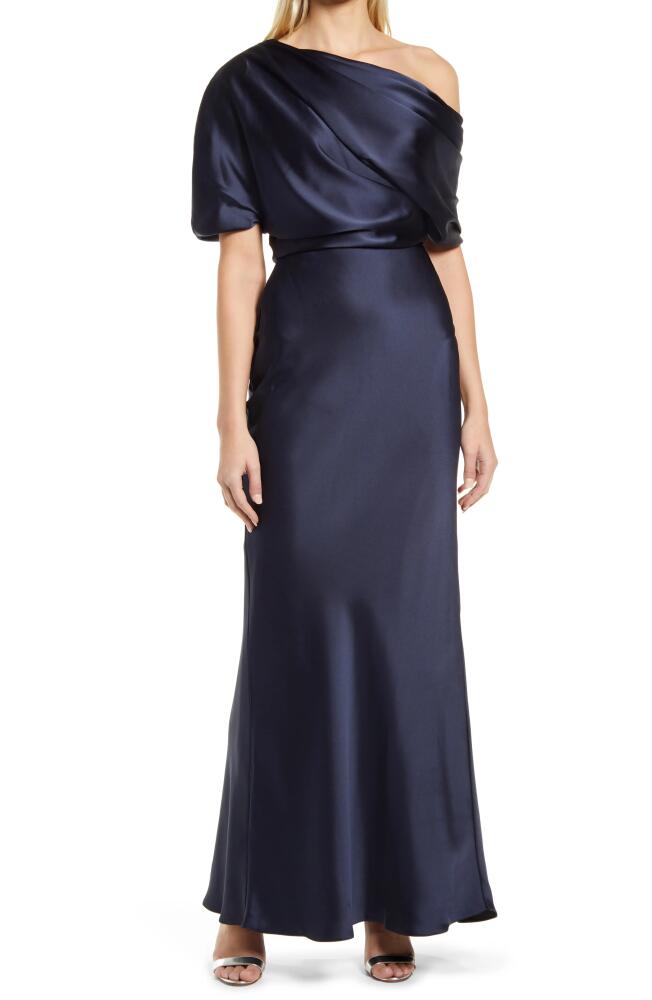 Amsale One-Shoulder Fluid Satin Gown in Navy Cover