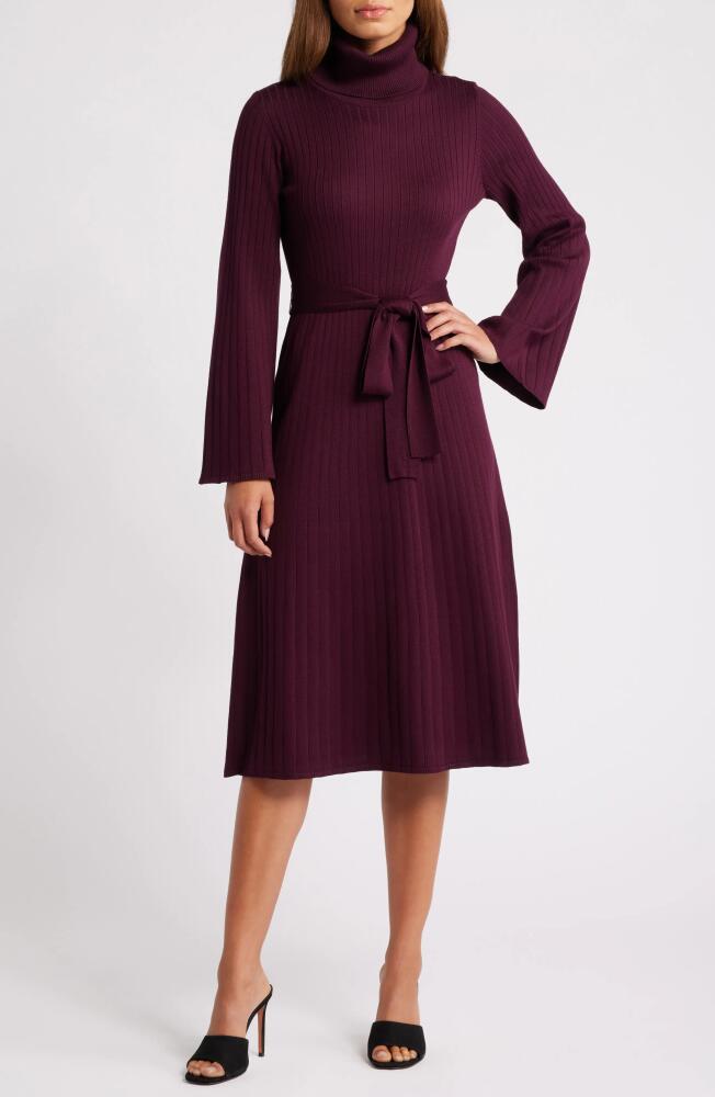 Julia Jordan Turtleneck Long Sleeve Rib Midi Sweater Dress in Wine Cover