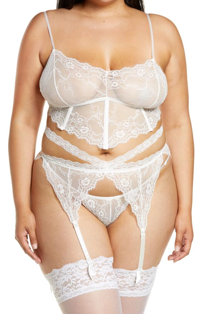 Coquette Lace Bra, Garter Belt & G-String Thong Set in White Cover