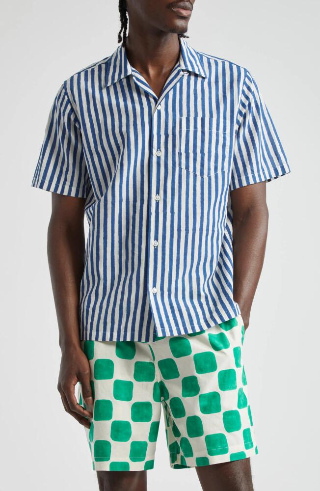 Drake's Block Stripe Cotton Camp Shirt in Blue Stripe Cover