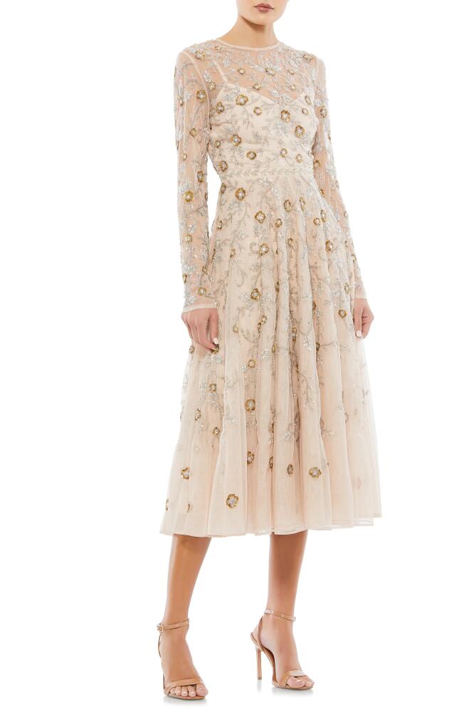 Mac Duggal Beaded Floral Long Sleeve Cocktail Midi Dress in Nude Cover