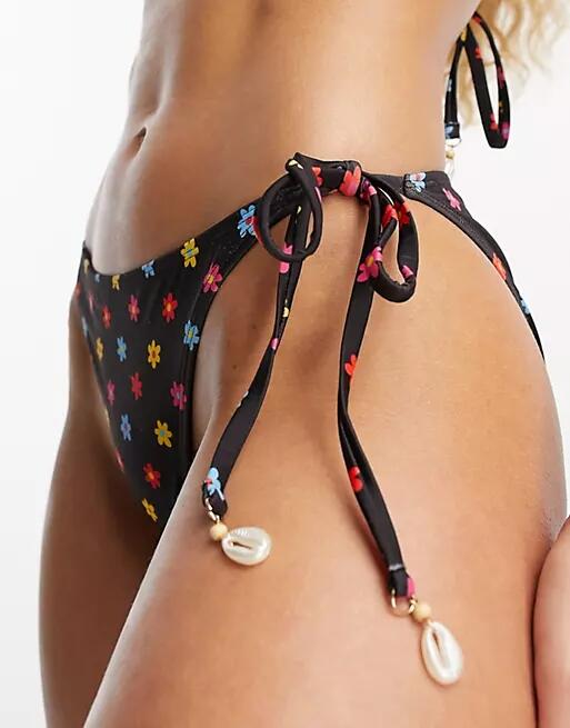 Urban Threads tie side bikini bottom in black multi floral print Cover