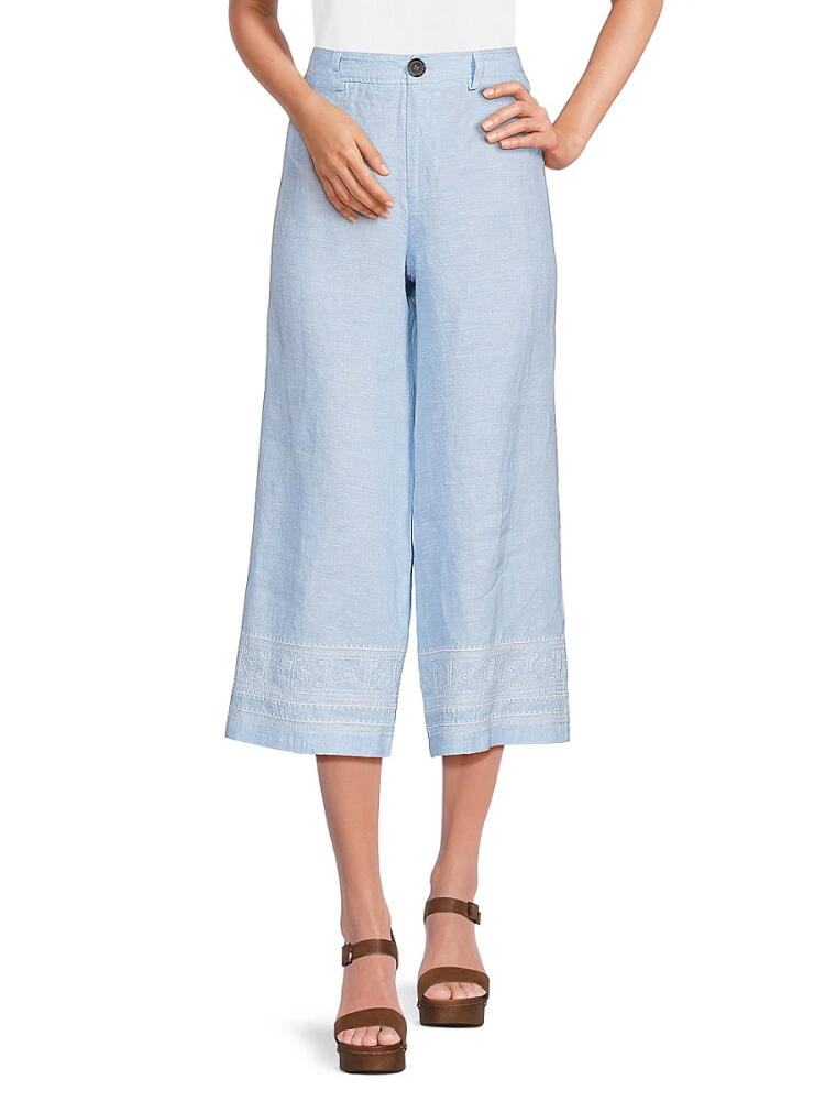 Saks Fifth Avenue Women's Embroidered 100% Linen Cropped Pants - Chambray Cover