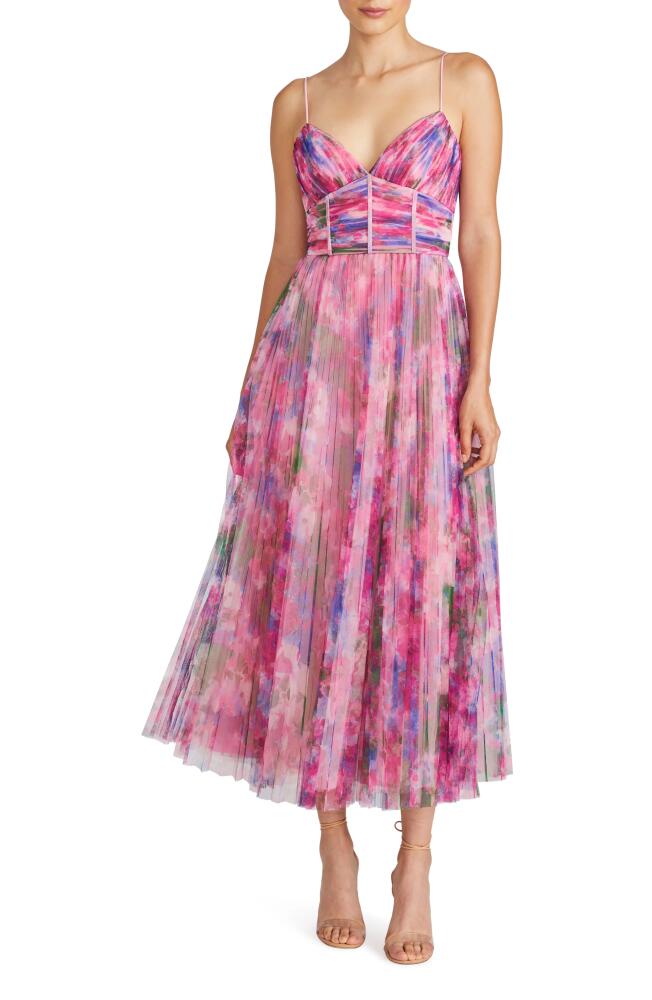 ML Monique Lhuillier Madison Floral Plissé Tulle Midi Cocktail Dress in Waterlily Floral Cover