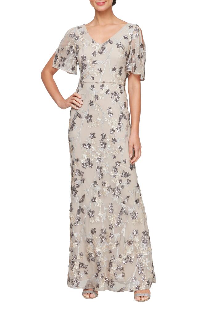 Alex Evenings Sequin Embroidered Flutter Sleeve Sheath Gown in Mink Cover