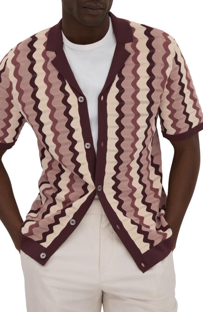 Reiss Summer Pointelle Zigzag Stripe Knit Button-Up Shirt in Rose Multi Cover