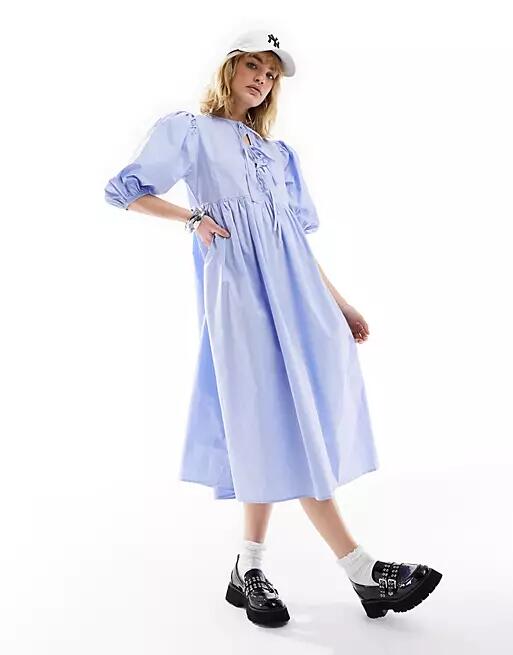 Glamorous tie front midi smock dress in micro blue stripe Cover