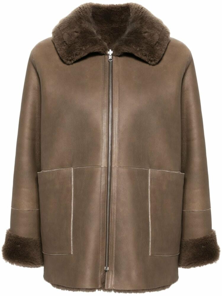 Liska spread-collar leather coat - Brown Cover