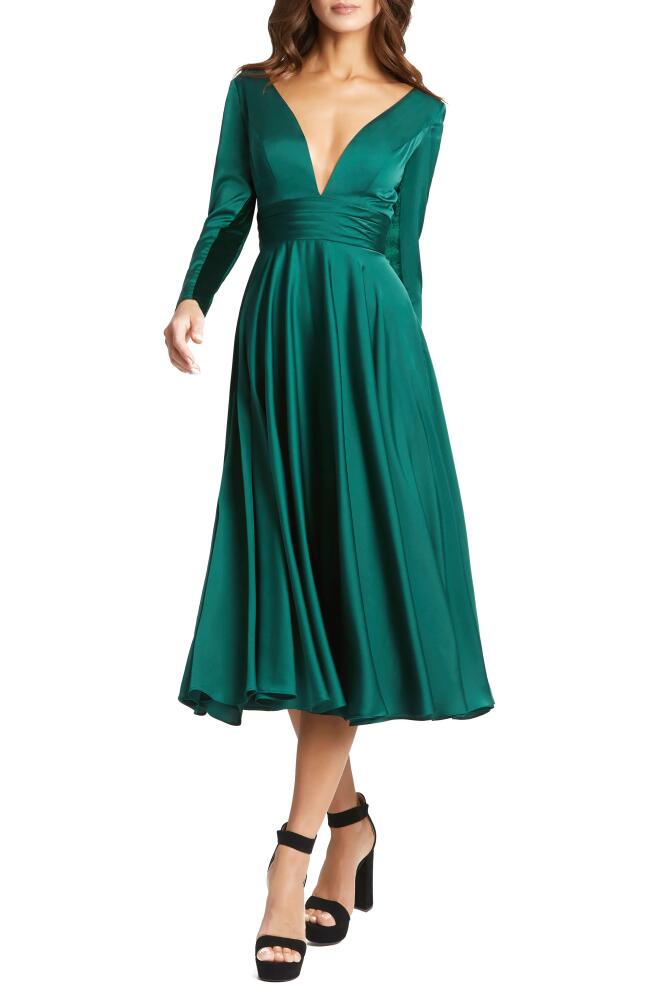 Mac Duggal Long Sleeve Plunge Neck Cocktail Midi Dress in Emerald Cover