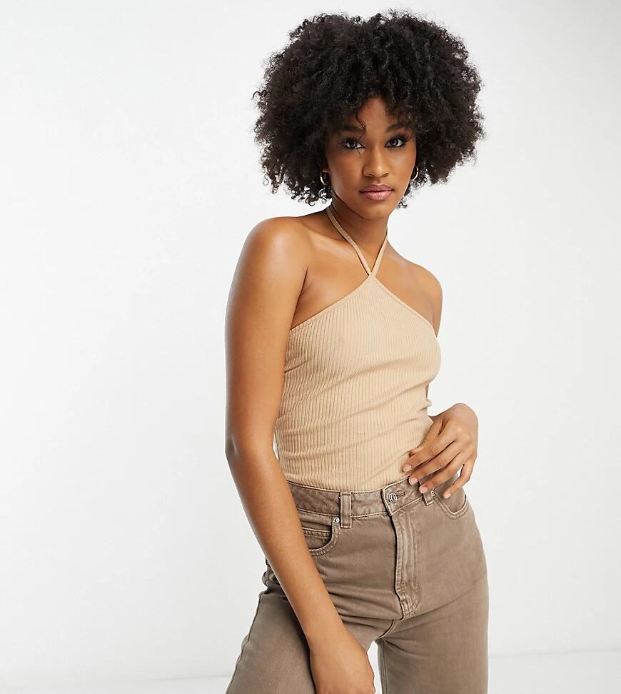 ASOS DESIGN Tall strappy halter neck bodysuit in rib in camel-Red Cover