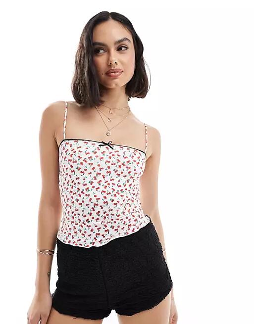 Bershka strappy straight neck cami top in cherry print-Multi Cover