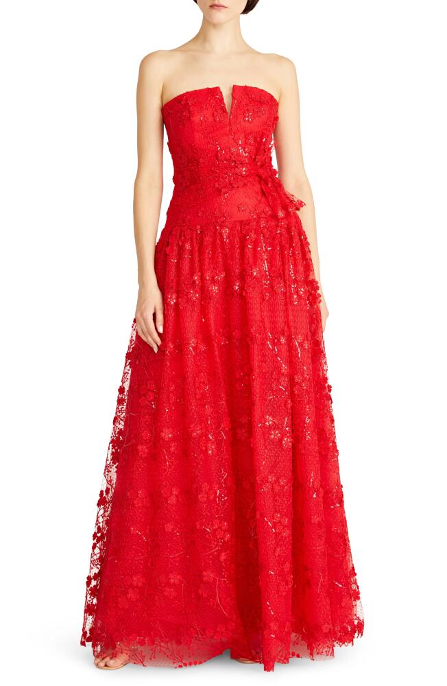 ML Monique Lhuillier Celia Sequin Floral Strapless Tie Front Tulle Gown in Rouge Cover