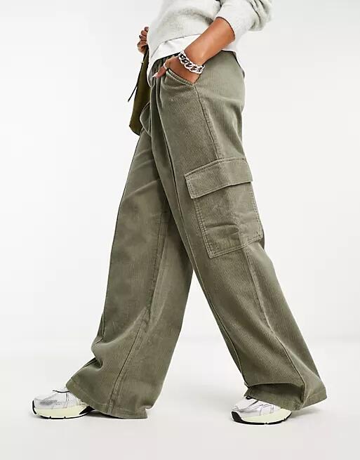 ASOS DESIGN cord pull on cargo pants in khaki-Green Cover