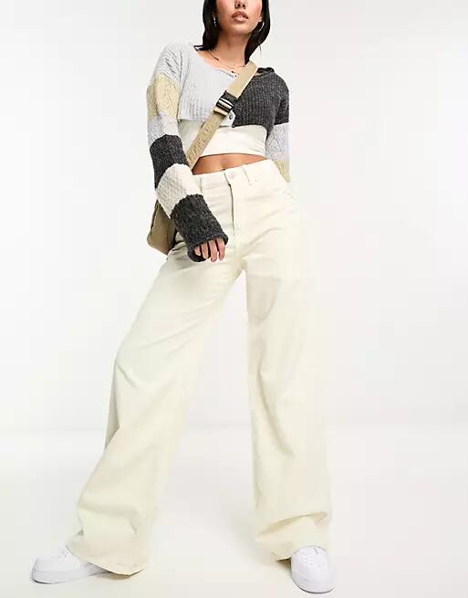 Pull & Bear wide leg cord pants in ecru-Neutral Cover