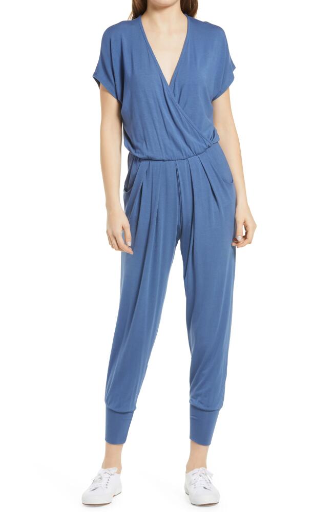 Loveappella Short Sleeve Wrap Top Jumpsuit in Denim Cover