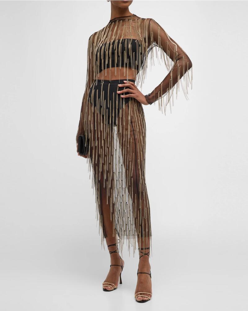 LAPOINTE Crystal Fringe Side-Slit Mesh Midi Skirt Cover