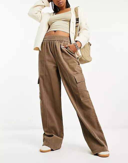 ASOS DESIGN cord pull on cargo pants in biscuit-Brown Cover