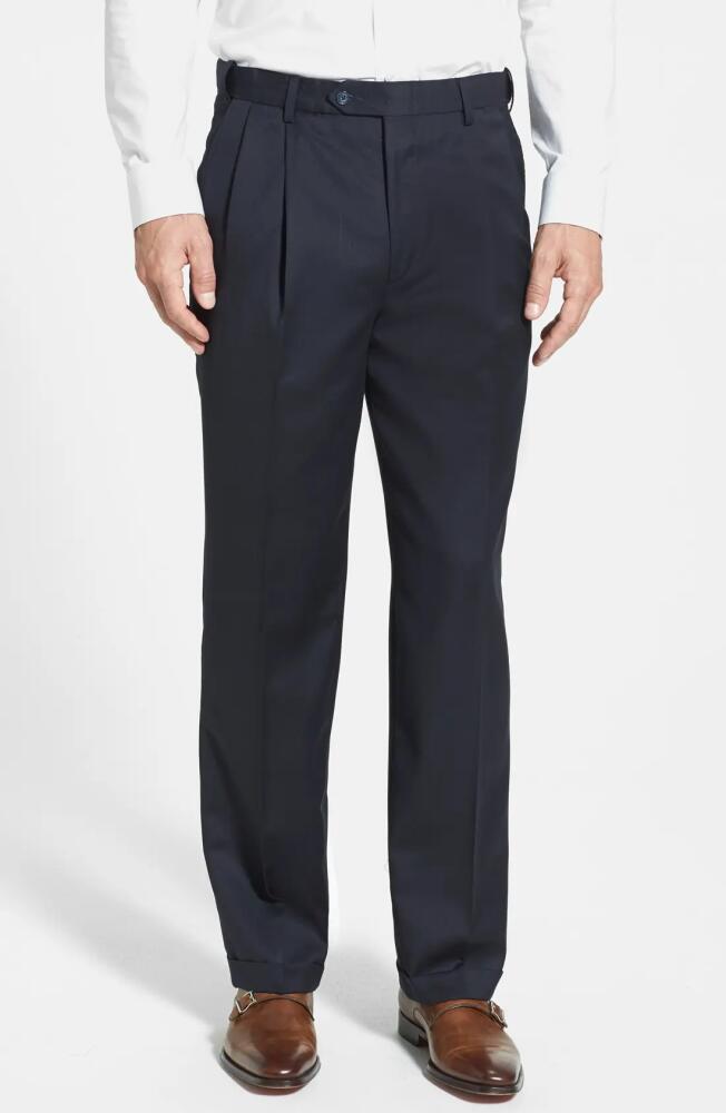 Berle Self Sizer Waist Pleated Classic Fit Wool Gabardine Dress Pants in Navy Cover