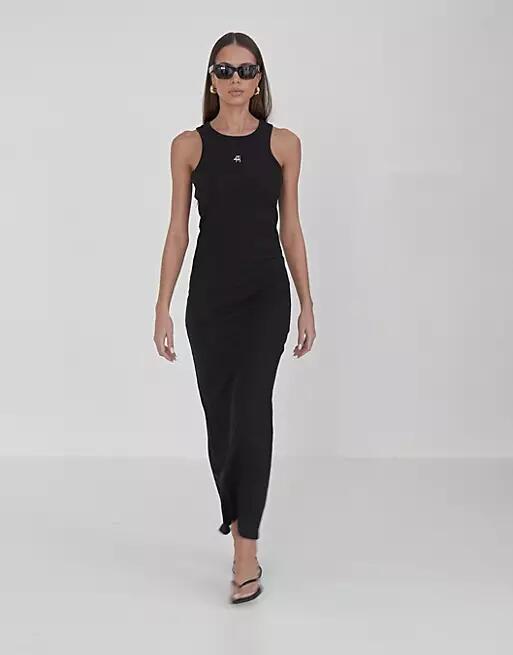 4th & Reckless premium ribbed embroidered logo racer back maxi dress in black Cover