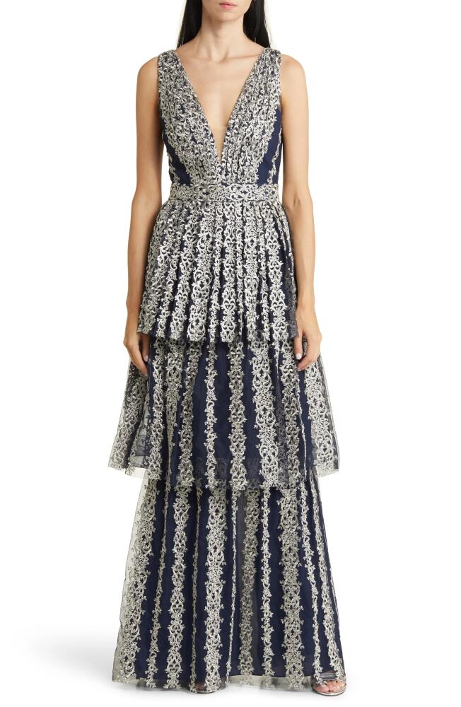 Marchesa Notte Metallic Embroidery Tiered Gown in Navy Gunmetal Cover