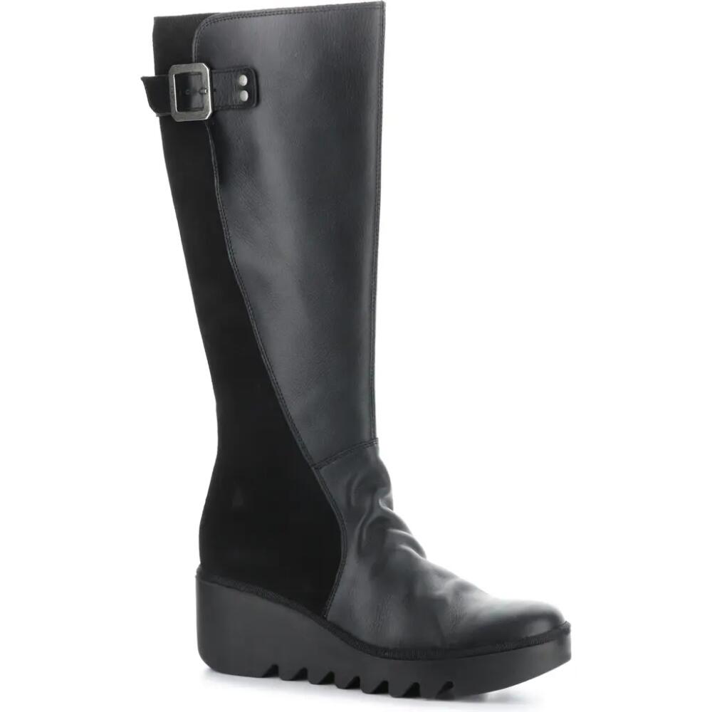 Fly London Befy Knee High Platform Wedge Boot in Black Dublin/Oil Cover